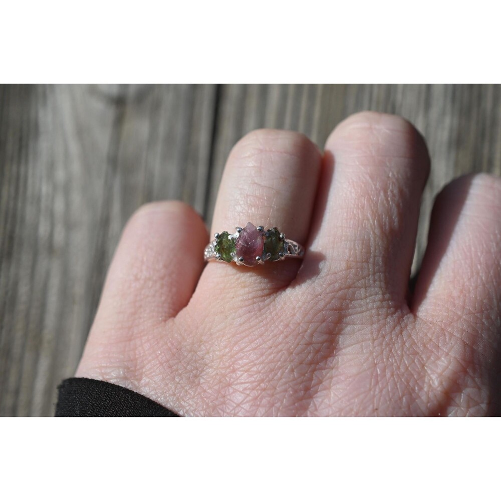 Engagement ring Pink tourmaline and emerald ring, sterling silver ring, raw ston